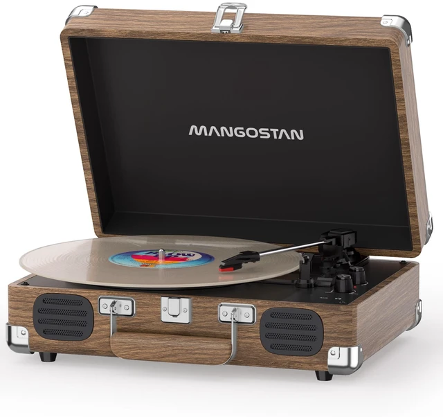 Main image of Vintage Bluetooth Record Player, 3-Speed Belt Drive, Wood Grain Built-in Speakers 3-Speed Belt-Driven Turntable Auto Stop