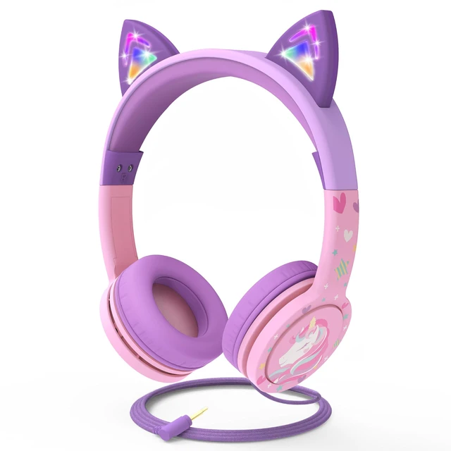 Main image of Kids Headphones with LED Cat Ears (85dB Safe Volume Limit), 3.5mm Soft On-Ear Wired Headphones with Tangle-Free Laced Cables for iPad/Tablet/School/Travel - Baby Pink/Lavender