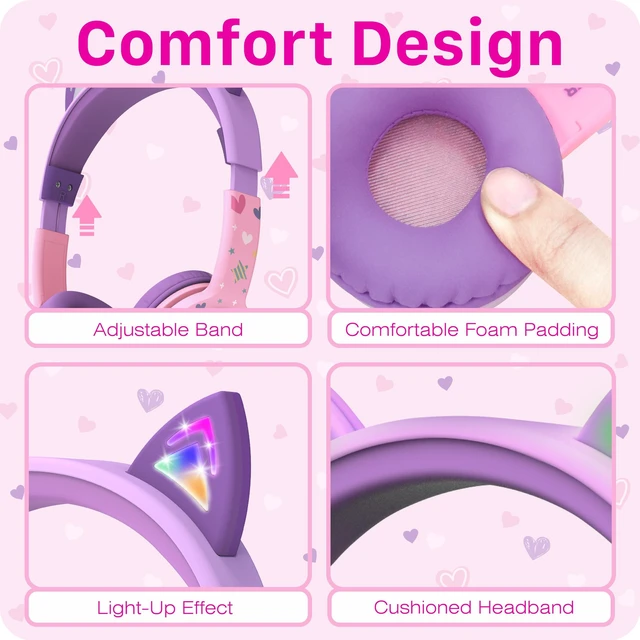 Alt view image 2 of 7 - Kids Headphones with LED Cat Ears (85dB Safe Volume Limit), 3.5mm Soft On-Ear Wired Headphones with Tangle-Free Laced Cables for iPad/Tablet/School/Travel - Baby Pink/Lavender