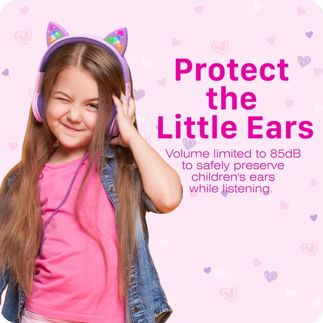 Alt view image 4 of 7 - Kids Headphones with LED Cat Ears (85dB Safe Volume Limit), 3.5mm Soft On-Ear Wired Headphones with Tangle-Free Laced Cables for iPad/Tablet/School/Travel - Baby Pink/Lavender