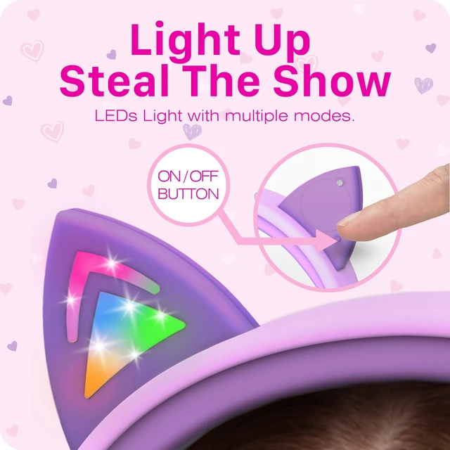 Alt view image 5 of 7 - Kids Headphones with LED Cat Ears (85dB Safe Volume Limit), 3.5mm Soft On-Ear Wired Headphones with Tangle-Free Laced Cables for iPad/Tablet/School/Travel - Baby Pink/Lavender