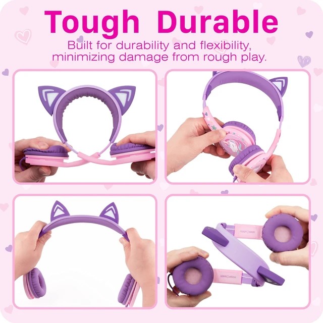 Alt view image 3 of 7 - Kids Headphones with LED Cat Ears (85dB Safe Volume Limit), 3.5mm Soft On-Ear Wired Headphones with Tangle-Free Laced Cables for iPad/Tablet/School/Travel - Baby Pink/Lavender