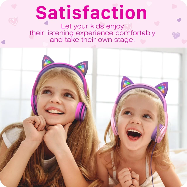Alt view image 7 of 7 - Kids Headphones with LED Cat Ears (85dB Safe Volume Limit), 3.5mm Soft On-Ear Wired Headphones with Tangle-Free Laced Cables for iPad/Tablet/School/Travel - Baby Pink/Lavender