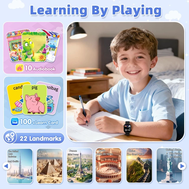 Alt view image 6 of 7 - Smart Watch for Kids, Smart Watch Boys Toys with 40 Games Camera Video Recorder, Music, Alarm, Learn Card, Audiostory, Flashlight,Pedometer, 2 Extra Bands, Gift Toys for 3-12 Years Old Boys(Black)