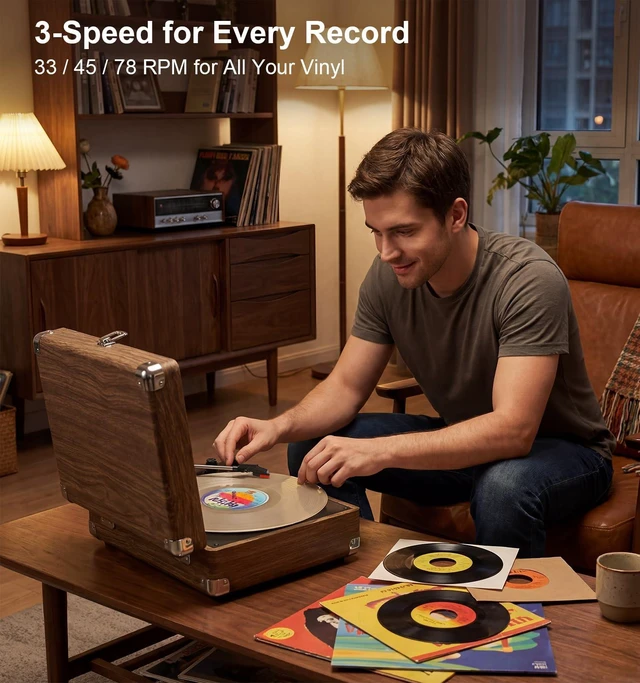 Alt view image 5 of 7 - Vintage Bluetooth Record Player, 3-Speed Belt Drive, Wood Grain Built-in Speakers 3-Speed Belt-Driven Turntable Auto Stop