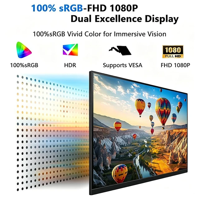 Alt view image 4 of 7 - 15.6''Portable Touchscreen Monitor 1080P VESA USB-C Vertical Monitor With Adjustable Stand, Speaker,VESA Mountable,100%sRGB HDMI HDR External Monitor for Laptop Mac Windows Android
