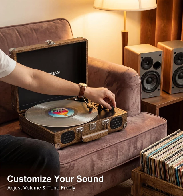 Alt view image 7 of 7 - Vintage Bluetooth Record Player, 3-Speed Belt Drive, Wood Grain Built-in Speakers 3-Speed Belt-Driven Turntable Auto Stop
