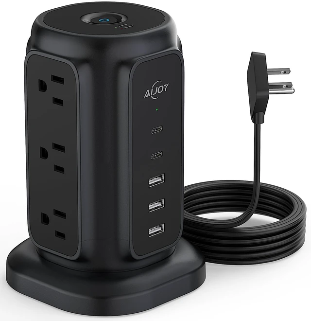 Main image of Power Strip Tower with 9 AC Outlets and 5 USB Ports Charging Station 1200J Surge Protector, 6.5 Feet Extension Cord with Multiple Outlets for Home Dorm Room Office Supplies Desk Accessories