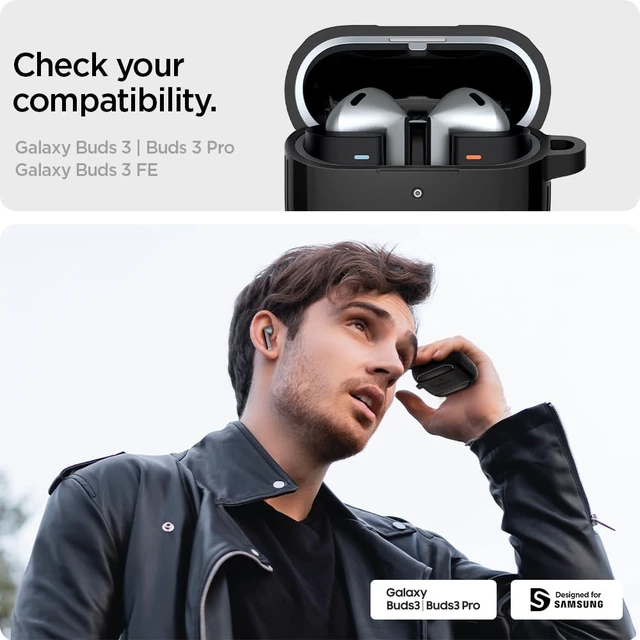 Alt view image 2 of 7 - Rugged Armor Designed for Galaxy Buds3, Buds3 Pro & 3 FE (2025/2024) TPU & PC Dual Layer, Drop Protection, Included Carabiner - Matte Black
