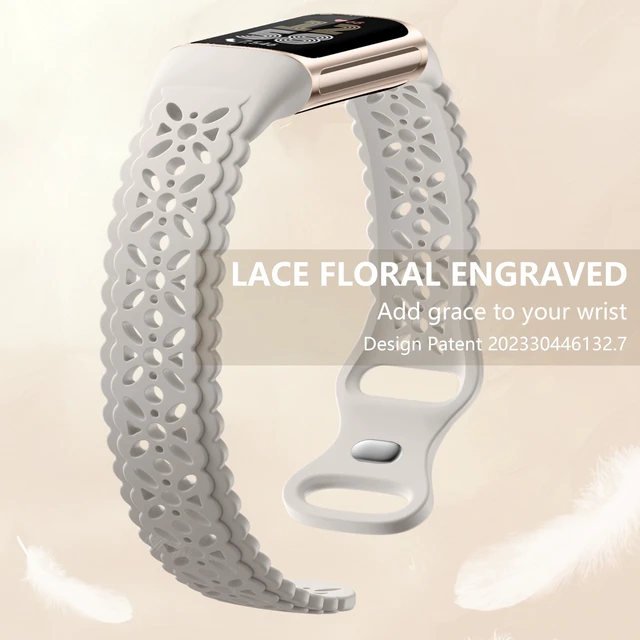 Alt view image 2 of 7 - Compatible with Fitbit Charge 5/6 Bands, 3 Pack Cute Lace Silicone Flower Pattern Breathable Sport Bands Replacement Watch Strap for Women