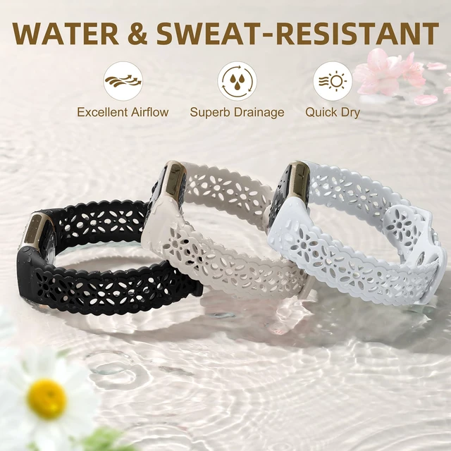 Alt view image 5 of 7 - Compatible with Fitbit Charge 5/6 Bands, 3 Pack Cute Lace Silicone Flower Pattern Breathable Sport Bands Replacement Watch Strap for Women