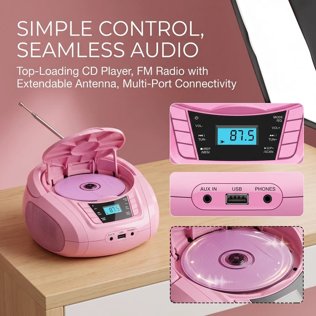 Alt view image 4 of 7 - Home Portable CD Boombox with Bluetooth USB, MP3, AUX, FM Radio, Portable, Built-in Stereo Speakers, Carrying Handle, LCD Display, Pink