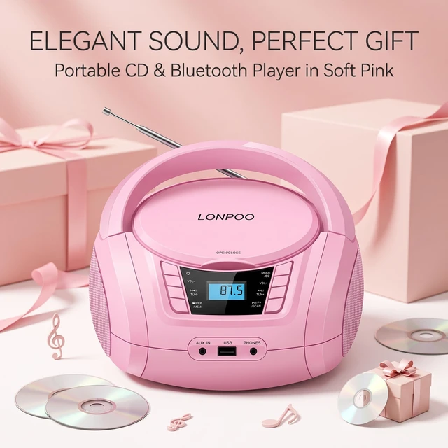 Alt view image 5 of 7 - Home Portable CD Boombox with Bluetooth USB, MP3, AUX, FM Radio, Portable, Built-in Stereo Speakers, Carrying Handle, LCD Display, Pink