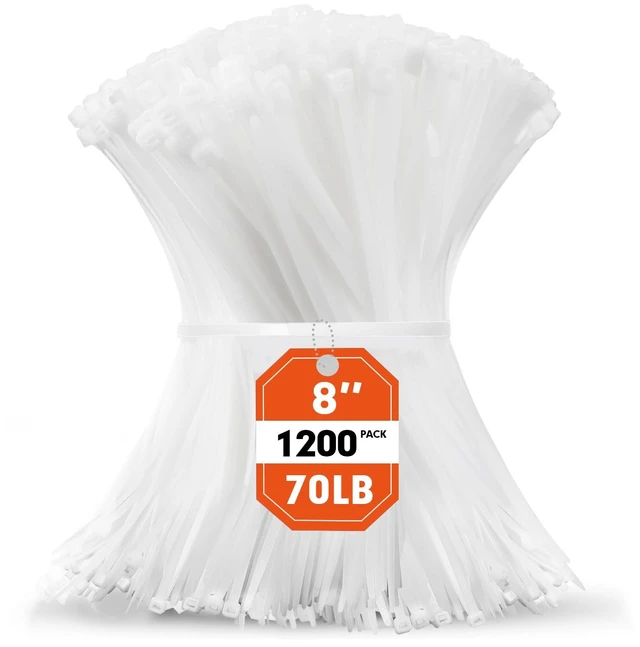 Main image of Zip Ties, 1200pcs White Cable Zip Ties 8 Inch, Heavy Duty Plastic Wire Ties with 70lb Tensile Strength, Self-Locking White Nylon Tie Wraps for Indoor and Outdoor
