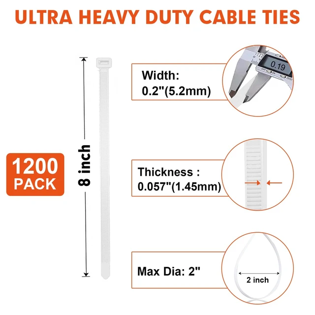Alt view image 2 of 7 - Zip Ties, 1200pcs White Cable Zip Ties 8 Inch, Heavy Duty Plastic Wire Ties with 70lb Tensile Strength, Self-Locking White Nylon Tie Wraps for Indoor and Outdoor