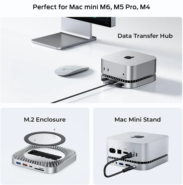 Alt view image 3 of 7 - Mac mini M6, M5 Pro, M4 Dock, Aluminum Stand and HDMI Hub for Mac mini M4/M5 Pro and M6 2026 with M.2 NVMe/SATA SSD Enclosure, 4K60Hz HDMI,10G USB A/C, 5G USB A*2, USB-C Charge, SD/TF, Audio
