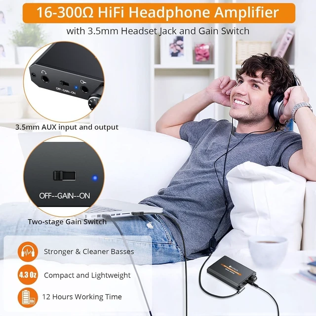 Alt view image 3 of 7 - 16-300 Ohm Portable Headphone Amplifier,3.5mm Jack Headphone Amp Rechargeable Amplifier with Volume Control,Two-Stage Gain Switch, Headset Amplifier for PC/CD/MP3/MP4 Players-Non-Bluetooth