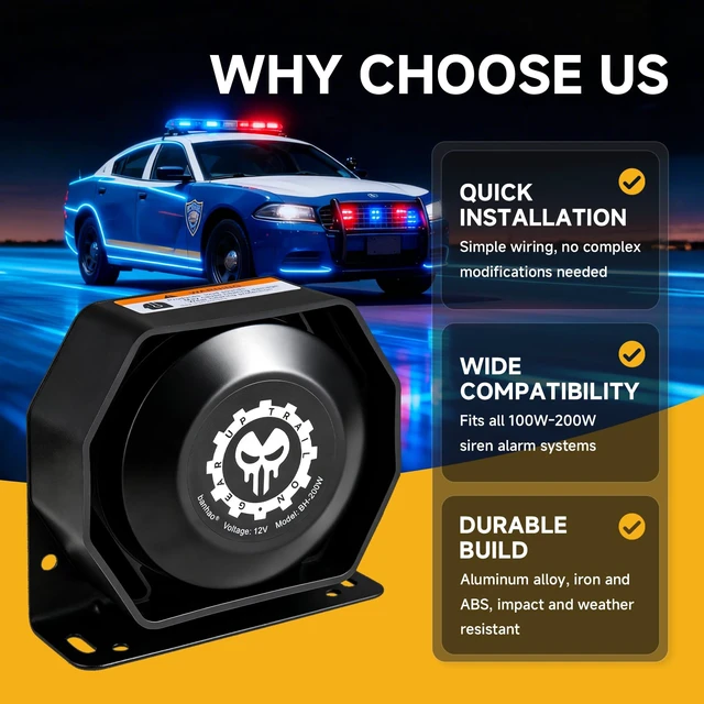 Alt view image 4 of 6 - Police Siren Speaker Horn 12V 150dB PA Siren Speaker for Truck Car Compact Design, Heavy-Duty Housing, 200W High Power, Waterproof, Stable & Durable, Simple Wiring, Universal for 12v Vehicles