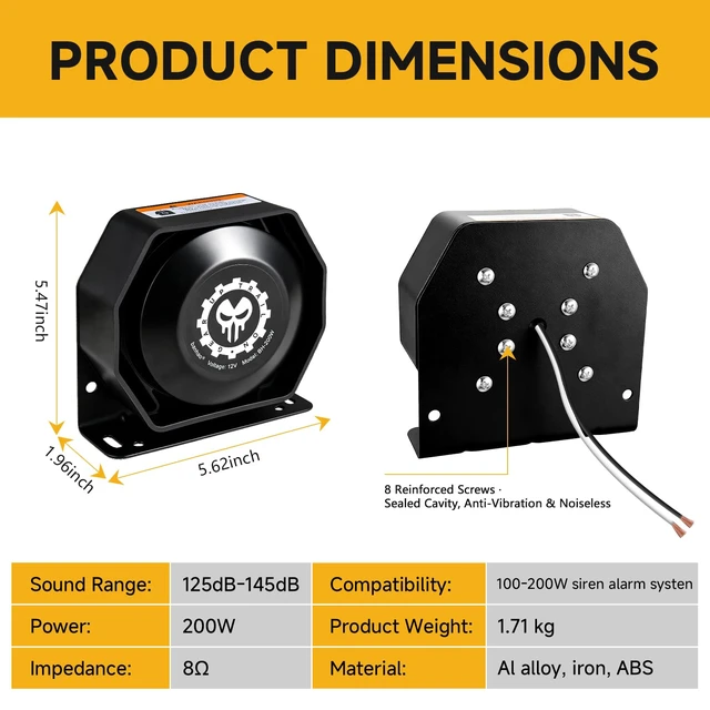 Alt view image 6 of 6 - Police Siren Speaker Horn 12V 150dB PA Siren Speaker for Truck Car Compact Design, Heavy-Duty Housing, 200W High Power, Waterproof, Stable & Durable, Simple Wiring, Universal for 12v Vehicles