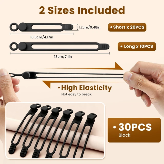 Alt view image 2 of 7 - 30 Pcs Silicone Cable Ties, Reusable Data Cable Organizer for Home Office High Elastic, Multipurpose, Cable Management for Charging Cord, Electronics, Computer, Appliances, Travel Essentials