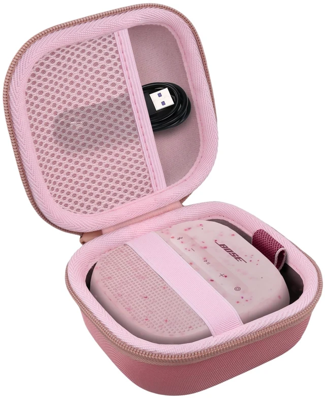 Alt view image 2 of 7 - for Bose New SoundLink Micro 2nd Gen Speaker Protective Case, Petal Pink EVA Hard Shell, Soft Velvet Lining, Durable Wrist Strap, Portable Travel Bag with Carabiner, Mesh Accessory Pocket