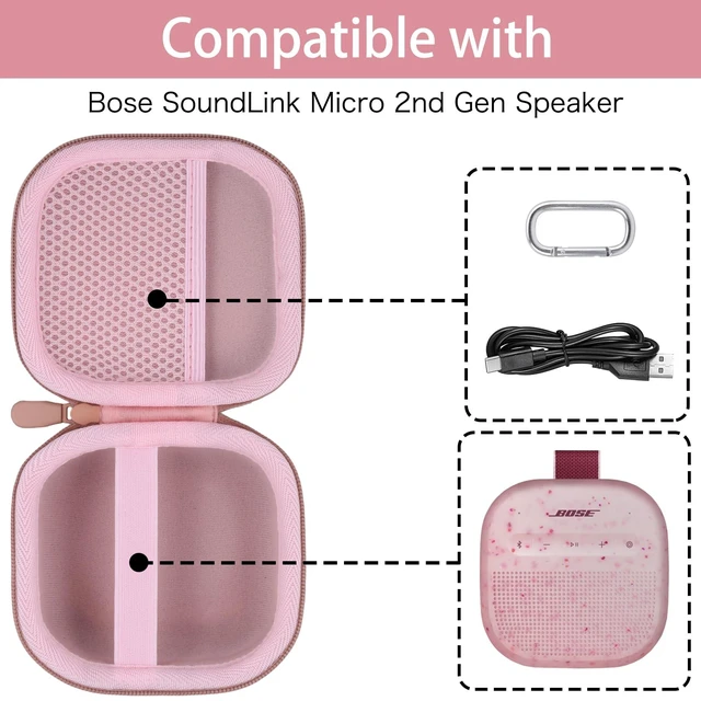 Alt view image 4 of 7 - for Bose New SoundLink Micro 2nd Gen Speaker Protective Case, Petal Pink EVA Hard Shell, Soft Velvet Lining, Durable Wrist Strap, Portable Travel Bag with Carabiner, Mesh Accessory Pocket