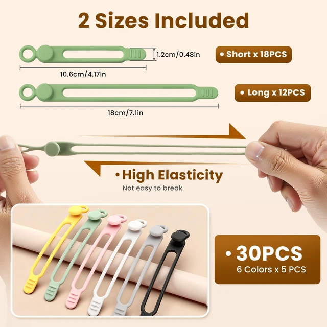 Alt view image 2 of 7 - 30 Pcs Silicone Cable Ties, Reusable Data Cable Organizer for Home Office High Elastic, Multipurpose, Cable Management for Charging Cord, Electronics, Computer, Appliances, Travel Essentials