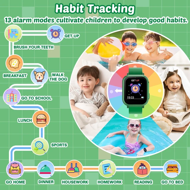 Alt view image 7 of 7 - Waterproof Smart Watch for Kids Boys Toys Age 5-12 with 32 Games Dual Camera, Habit Tracking, Music Player, Video, Alarm Clock, HD Touchscreen Kids Smart Watch Gift for Kid