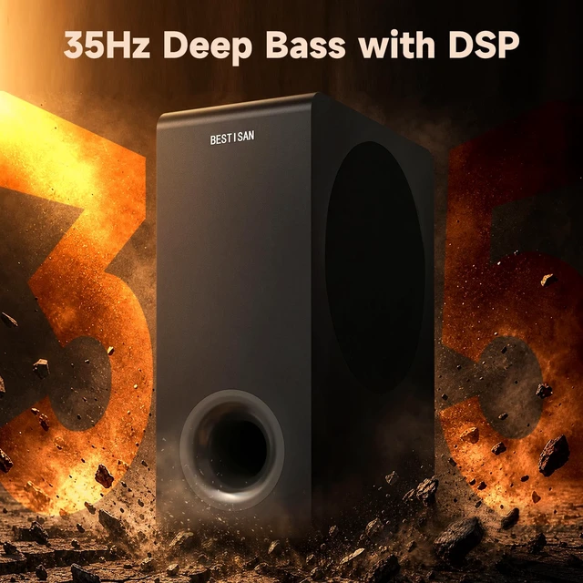 Alt view image 2 of 7 - Basscore Powered Subwoofer, 8 Side-Firing 100W Sub, Class-D Amp, Subwoofers for Receiver/Home Theater System, Auto On/Off, RCA, LFE, AUX Input, High-Level Speaker Input & Output