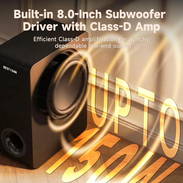 Alt view image 3 of 7 - Basscore Powered Subwoofer, 8 Side-Firing 100W Sub, Class-D Amp, Subwoofers for Receiver/Home Theater System, Auto On/Off, RCA, LFE, AUX Input, High-Level Speaker Input & Output