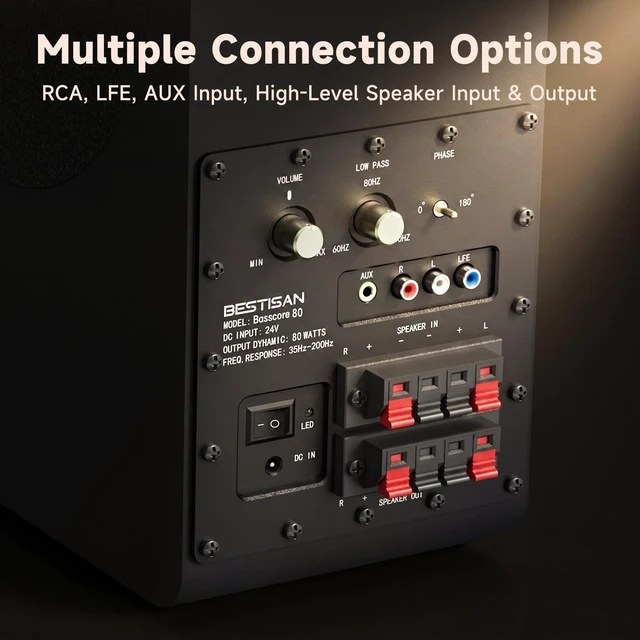 Alt view image 5 of 7 - Basscore Powered Subwoofer, 8 Side-Firing 100W Sub, Class-D Amp, Subwoofers for Receiver/Home Theater System, Auto On/Off, RCA, LFE, AUX Input, High-Level Speaker Input & Output