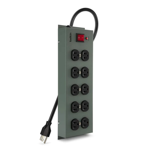 Alt view image 2 of 7 - Metal Power Strip Surge Protector, Gray (F9D1000-15), 10-Outlet heavy-duty power strip, durable metal housing, long-reach cord, home office, entertainment center