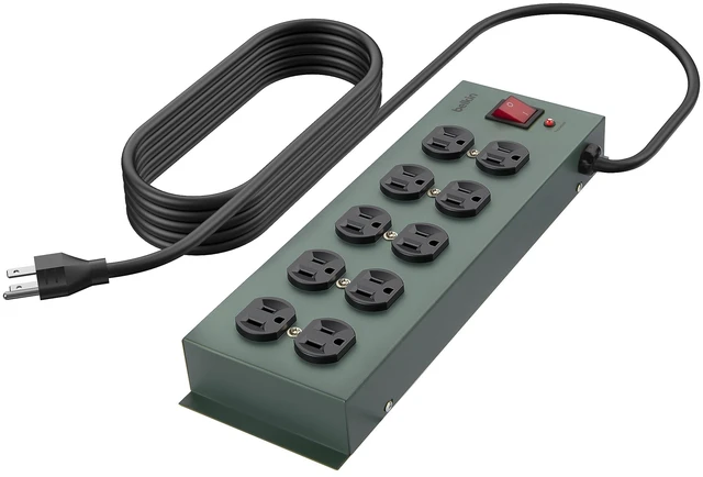 Main image of Metal Power Strip Surge Protector, Gray (F9D1000-15), 10-Outlet heavy-duty power strip, durable metal housing, long-reach cord, home office, entertainment center