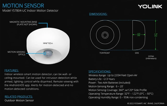Alt view image 2 of 7 - Indoor Motion Sensor, YS7804 Motion-Triggered App Alerts, Smart Routines, Works with Home Assistant, LoRa Protocol Up to 2034 Feet, Hub Required
