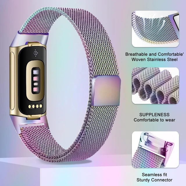 Alt view image 4 of 7 - Compatible with Fitbit Charge 6/Charge 5 Bands for Wmen Men, Metal Mesh Milanese Loop Adjustable Strap Replacement for Fitbit Charge 6/Charge 5 Advanced Fitness & Health Trackers