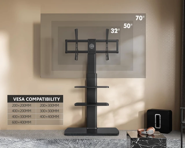 Alt view image 2 of 7 - Floor TV Stand for 32-75 Inch TVs with Height Adjustable, Black Modern TV Stands with Shelf with Sturdy Wood Base, Swivel Tall TV Stands, Corner Floor TV Stand for Living Room Bedroom