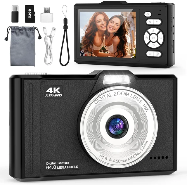 Main image of Digital Camera, 4K Portable Point and Shoot Camera with 32GB SD Card 18X Zoom Autofocus Anti-Shake,2.8" IPS Screen with OTG Adapter,Compact Small Camera for Kids Teens Beginners Students