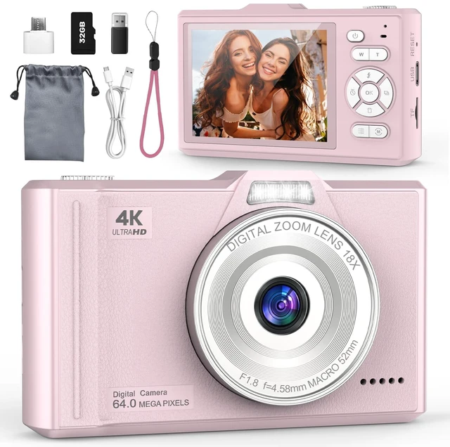 Main image of Digital Camera, 4K Portable Point and Shoot Camera with 32GB SD Card 18X Zoom Autofocus Anti-Shake,2.8" IPS Screen with OTG Adapter,Compact Small Camera for Kids Teens Beginners Students