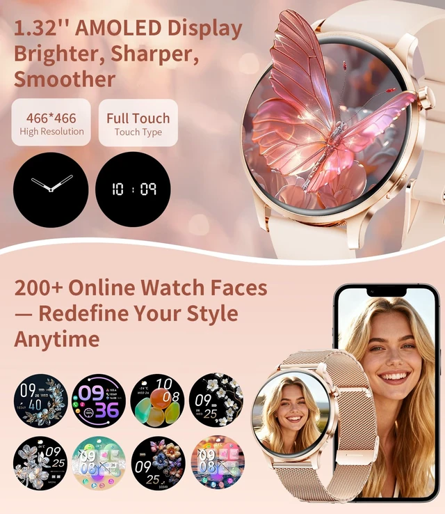 Alt view image 2 of 7 - Smart Watches for Women,1.32" HD Fitness Tracker Watch with Answer/Make Call,AI Voice Control,Heart Rate/Calories/SpO2 Monitor 100+ Sport Modes Ladies Smart Watch for Android iOS (Pink)