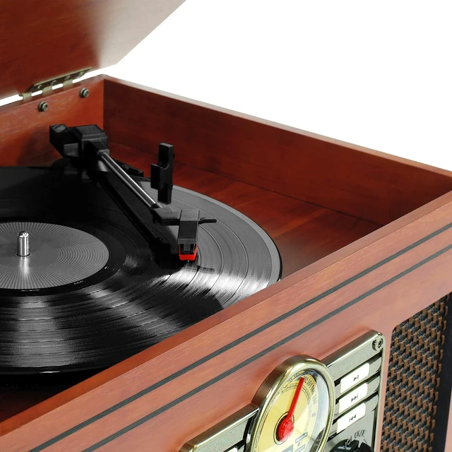 Alt view image 2 of 6 - Ashford 3-Speed Belt Driven Bluetooth Record Player with CD, Cassette, FM Radio, Aux-In & Built-In Stereo Speakers (Mahogany)
