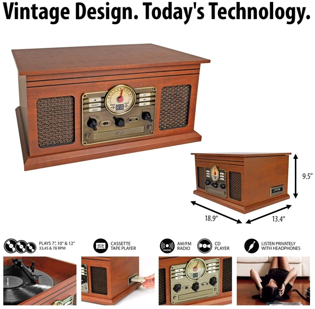 Alt view image 3 of 6 - Ashford 3-Speed Belt Driven Bluetooth Record Player with CD, Cassette, FM Radio, Aux-In & Built-In Stereo Speakers (Mahogany)