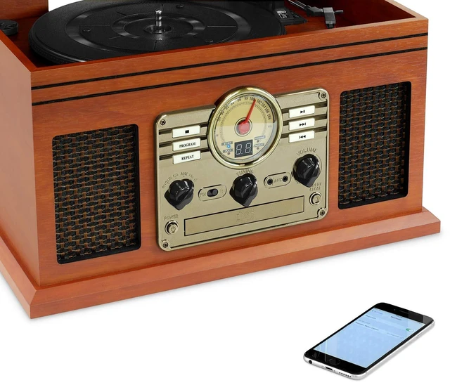 Alt view image 4 of 6 - Ashford 3-Speed Belt Driven Bluetooth Record Player with CD, Cassette, FM Radio, Aux-In & Built-In Stereo Speakers (Mahogany)