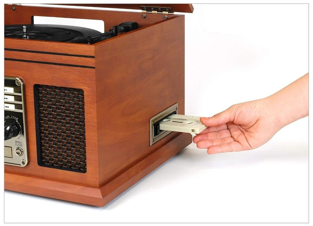 Alt view image 5 of 6 - Ashford 3-Speed Belt Driven Bluetooth Record Player with CD, Cassette, FM Radio, Aux-In & Built-In Stereo Speakers (Mahogany)