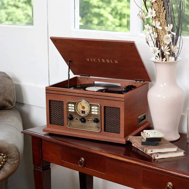 Alt view image 6 of 6 - Ashford 3-Speed Belt Driven Bluetooth Record Player with CD, Cassette, FM Radio, Aux-In & Built-In Stereo Speakers (Mahogany)