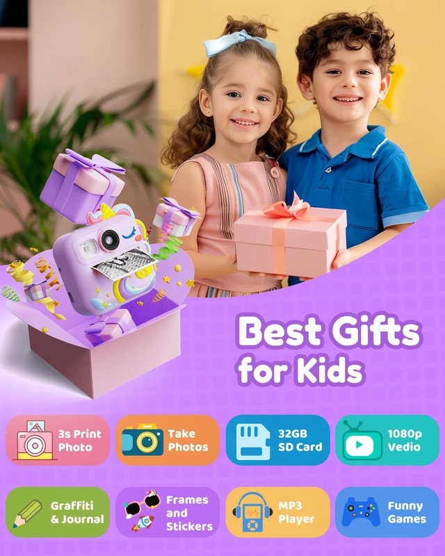 Alt view image 2 of 7 - Kids Camera Instant Print, Toddler Cameras Christmas Birthday Gifts for Girls Age 3-12, Digital Video Instant Printable Camera for Kids,Toys for Ages 5-7 Girls (Purple)