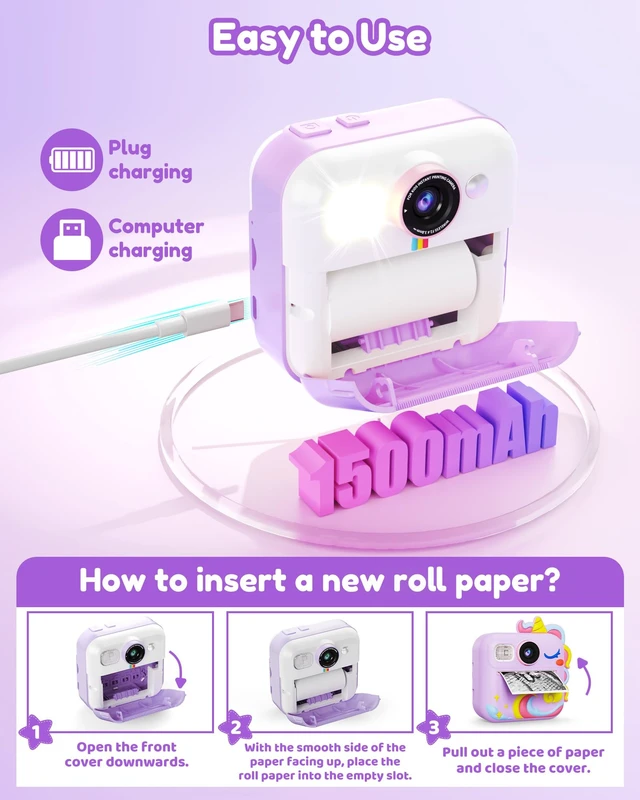 Alt view image 7 of 7 - Kids Camera Instant Print, Toddler Cameras Christmas Birthday Gifts for Girls Age 3-12, Digital Video Instant Printable Camera for Kids,Toys for Ages 5-7 Girls (Purple)