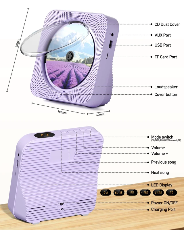 Alt view image 3 of 7 - CD Player with Speakers Bluetooth Desktop CD Players for Home Kpop Music CD Player with LED Screen FM Radio Timer Support AUX USB TF Card PlaybackPurple