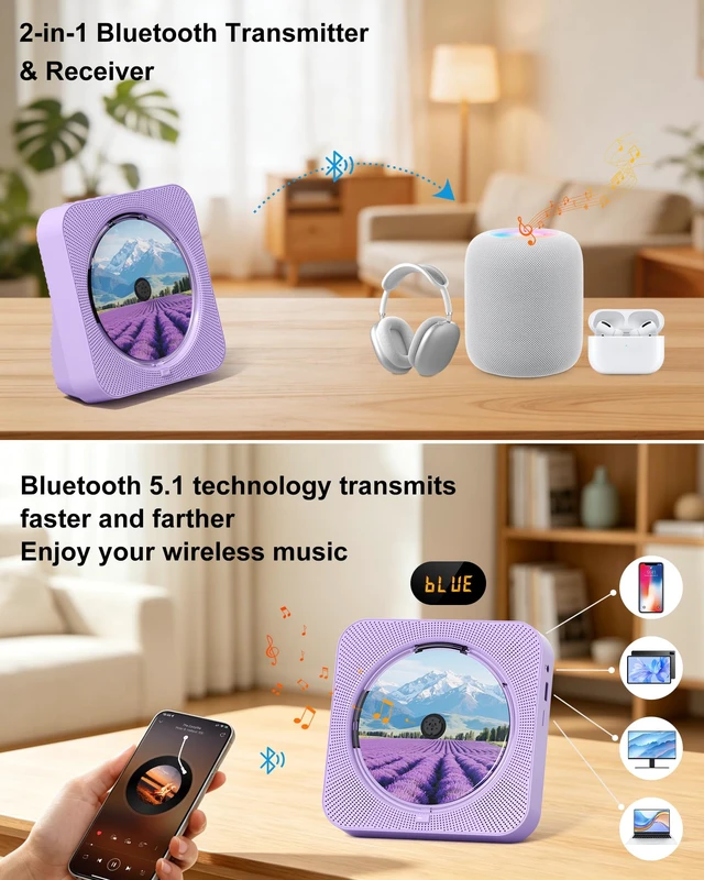 Alt view image 4 of 7 - CD Player with Speakers Bluetooth Desktop CD Players for Home Kpop Music CD Player with LED Screen FM Radio Timer Support AUX USB TF Card PlaybackPurple