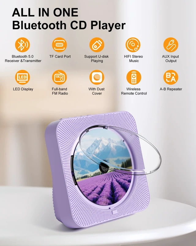 Alt view image 2 of 7 - CD Player with Speakers Bluetooth Desktop CD Players for Home Kpop Music CD Player with LED Screen FM Radio Timer Support AUX USB TF Card PlaybackPurple