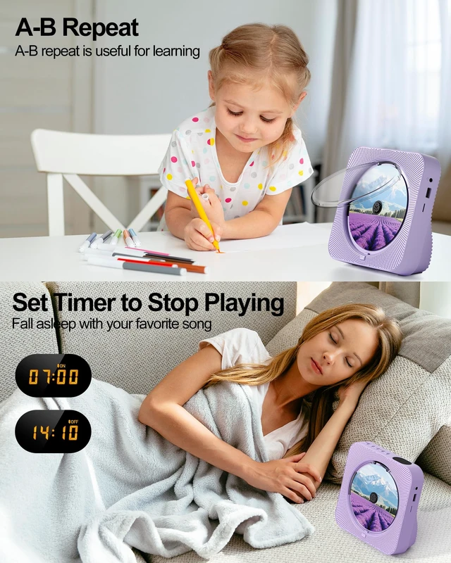 Alt view image 6 of 7 - CD Player with Speakers Bluetooth Desktop CD Players for Home Kpop Music CD Player with LED Screen FM Radio Timer Support AUX USB TF Card PlaybackPurple